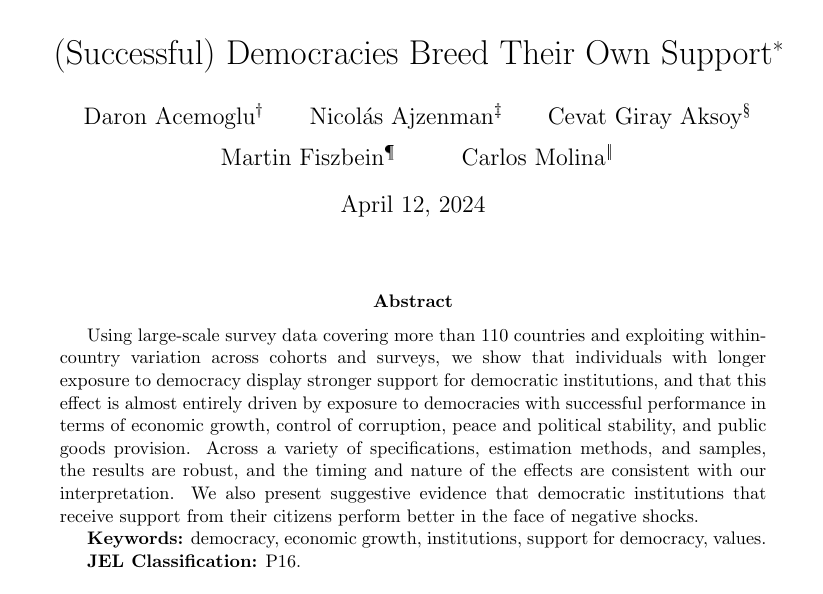 ``Successful performance of democratic regimes is critical for support for democracy.' From @DAcemogluMIT, Ajzenman, Aksoy, Fiszbein and Molina: restud.com/successful-dem…