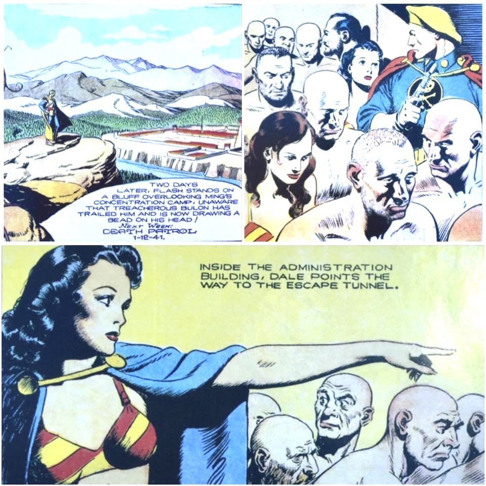 January 1941 Alex Raymond’s #FlashGordon strip shows the space fantasy hero as a freedom fighter in a concentration camp set up by Ming the Merciless. He goes undercover to infiltrate and free the prisoners. This storyline was published during World War II when real