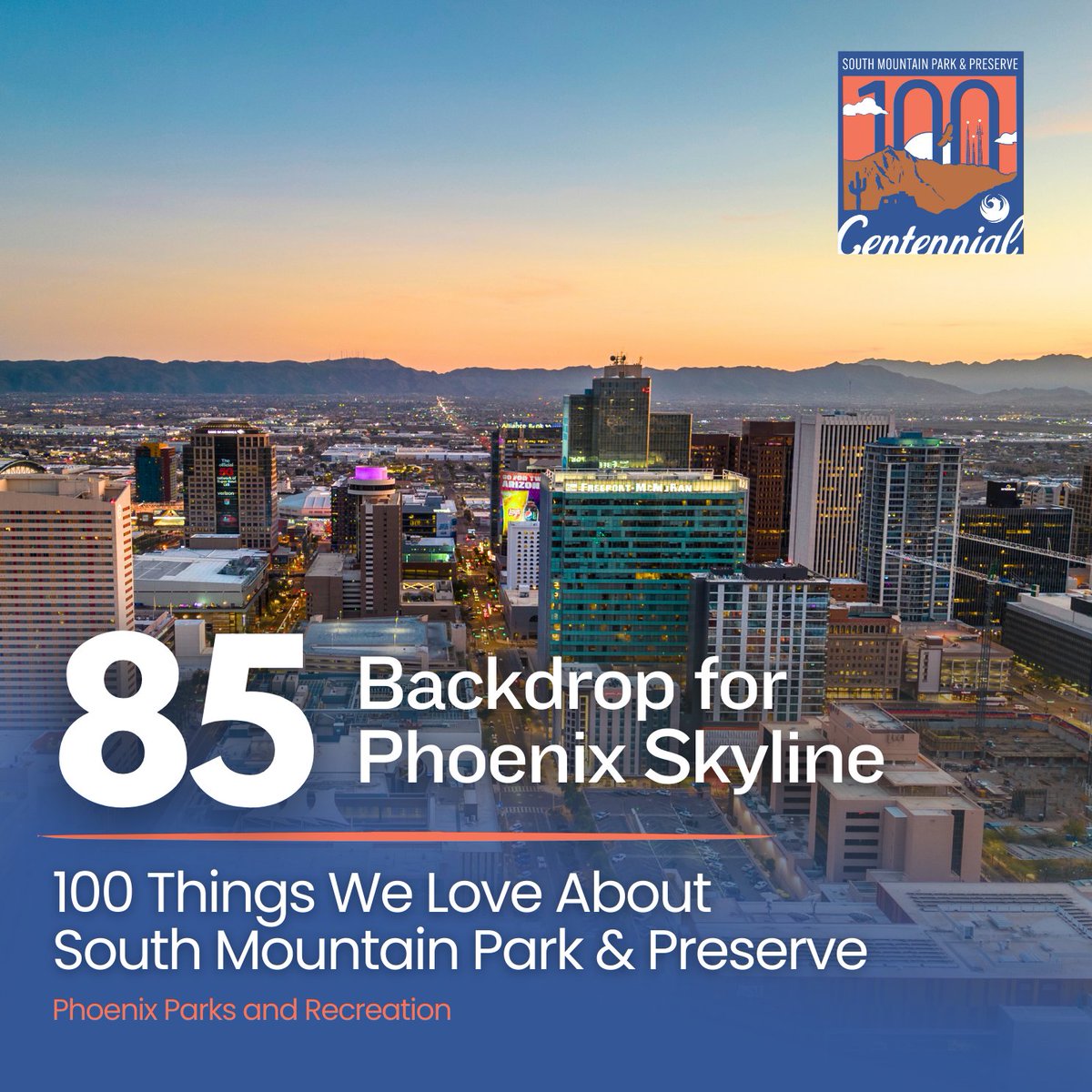 City lights and mountain heights! Isn't the Phoenix skyline just breathtaking with the South Mountain Park & Preserve in the backdrop? The perfect end to a perfect day in Phoenix. 🌅🌇🌃 #cityofphoenix #phoenixskyline #southmountain100 #phxparks #phoenixparksandrecreation