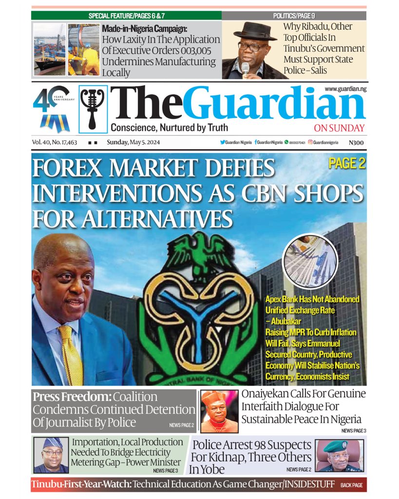 These are the headlines in today’s edition of The Guardian.

Get The Guardian on the newsstands for the latest in world news, sports, and in-depth analysis. ⁣

Visit guardian.ng for more.

#FX #ForeignExchange #MadeInNigeria #PressFreedom #StatePolice #Electricity…