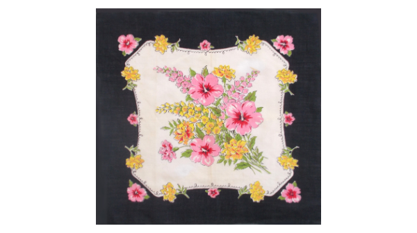 Vintage Handkerchief — Pink Pansies, Yellow Carnations, Pink & Yellow Foxgloves/White Background Black Border - FREE SHIPPING ►tworlddesign.etsy.com/listing/964228…………… — #1950s #etsyfinds #uniquegift #etsyvintage #vintagegifts @EtsyRetweeter #1960s #etsyshop #shopetsy #FreeShipping