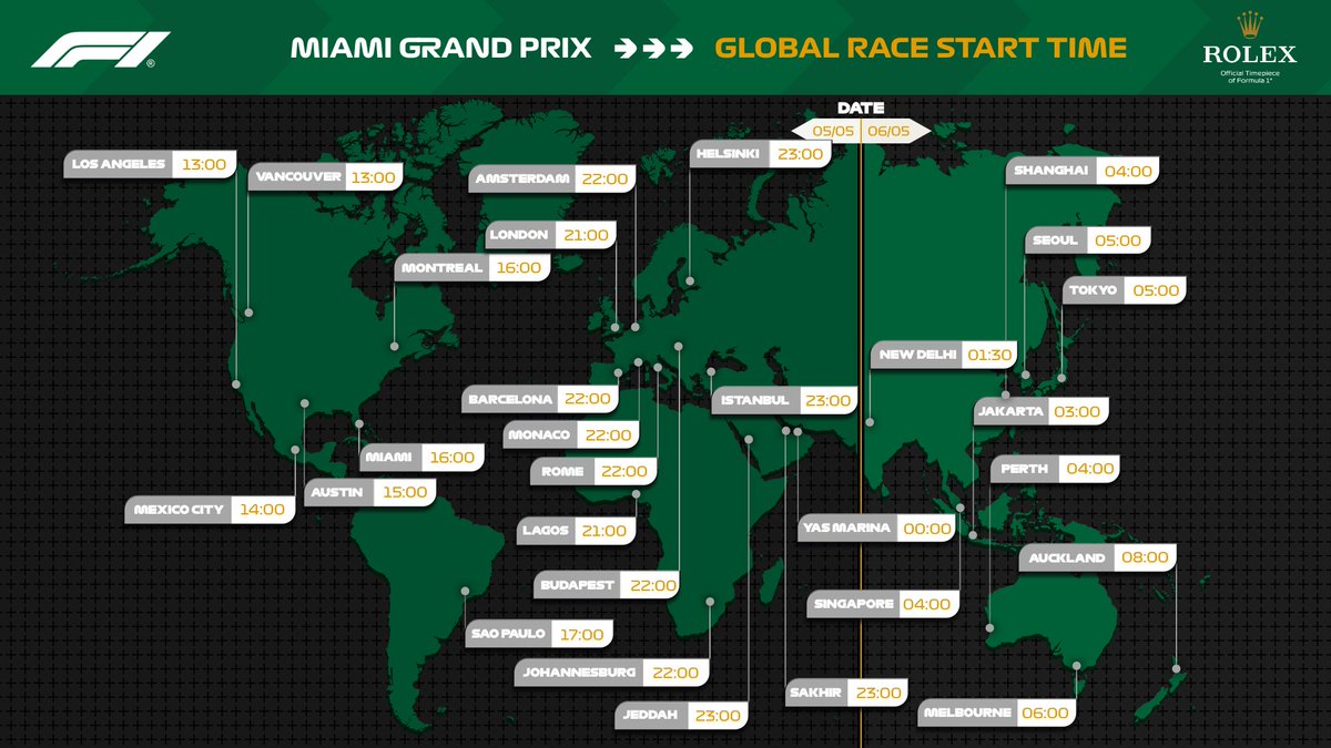 Next up is the main event 🤩 Join us tomorrow for the #MiamiGP - here's the start time, wherever in the world you are 🌍 #F1 @ROLEX