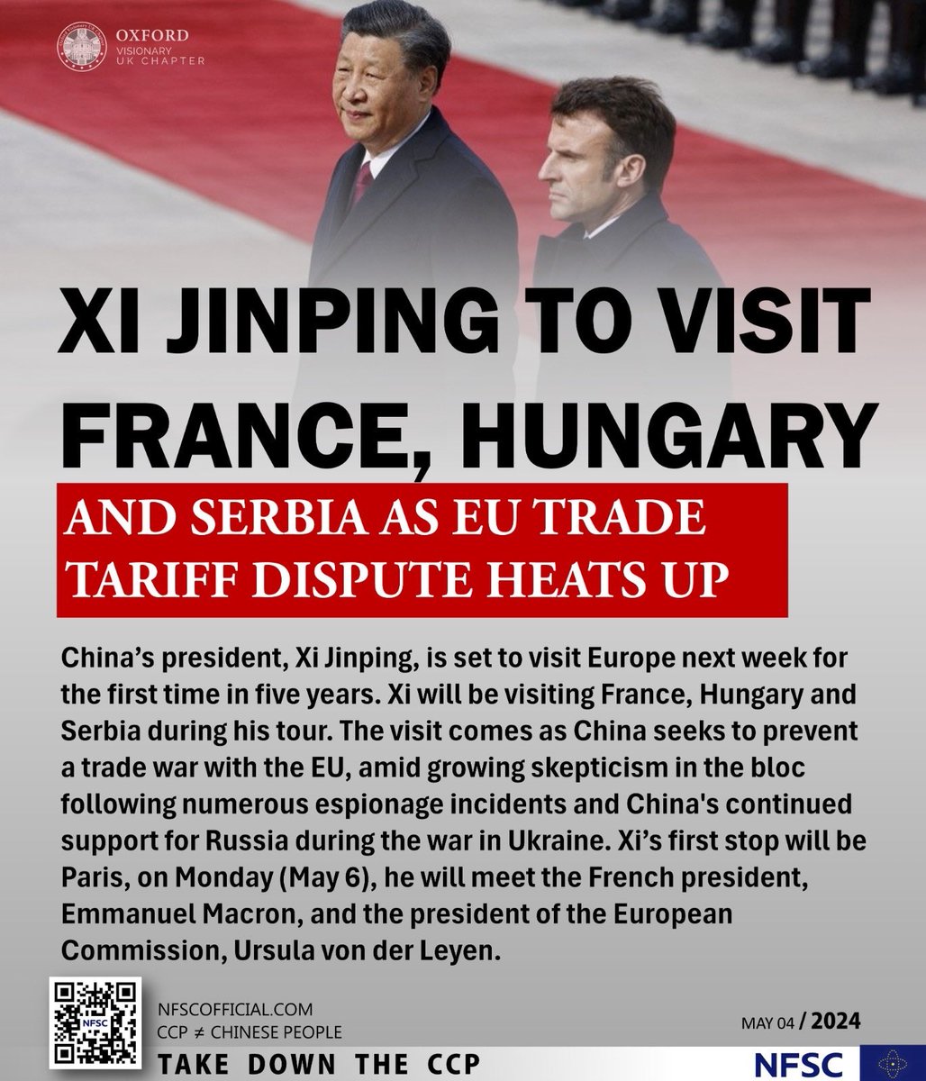 XI JINPING TO VISIT FRANCE, HUNGARY AND SERBIA AS EU TRADE TARIFF DISPUTE HEATS UP
05/04/2024 China's president, #XiJinping, is set to visit Europe next week for the first time in five years. #Xi will be visiting #France, #Hungary and #Serbia during his tour….
#decouplefromchina
