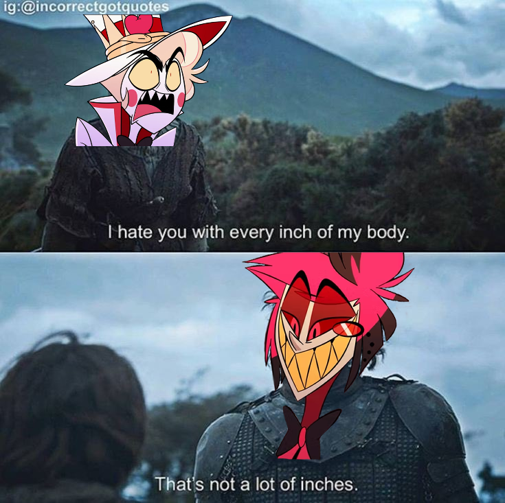 VeelasCharm's tweet photo. Couldn't help myself when I saw this GOT meme XD #radioapple #HazbinHotel #HazbinHotelAlastor #HazbinHotelLucifer https://t.co/z8Iweu3Rte