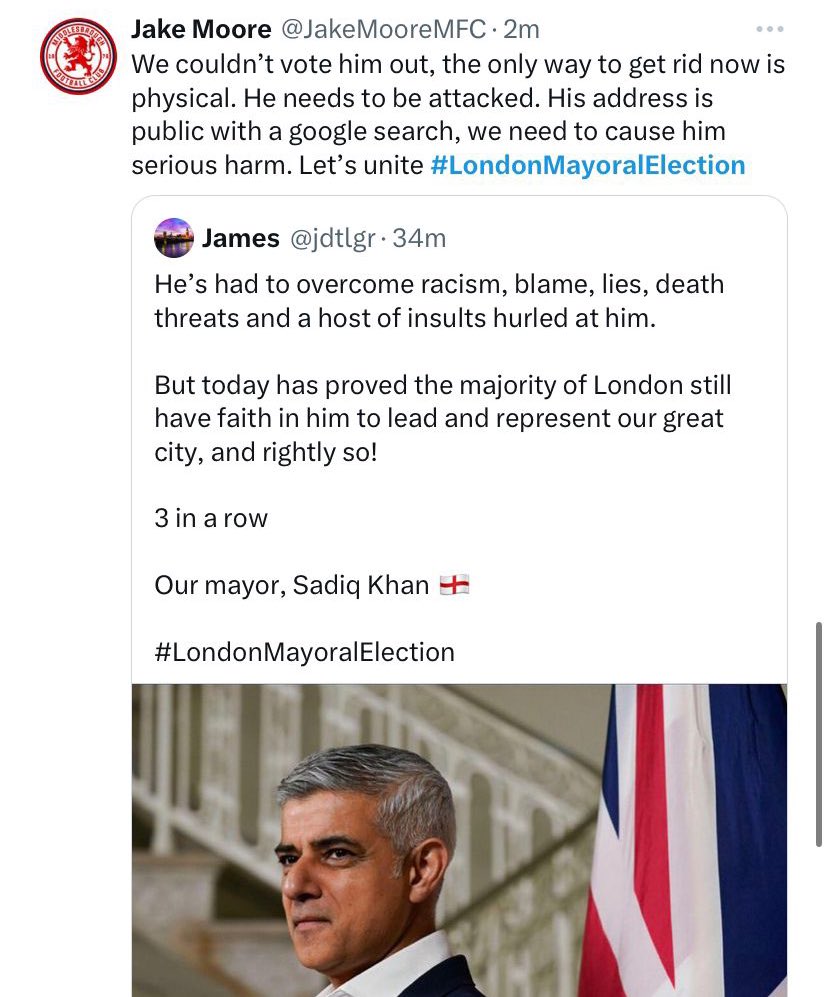 i see the middlesbrough fanbase are now issuing death threats to sadiq khan. shame @ClevelandPolice can't be bothered with dealing with this