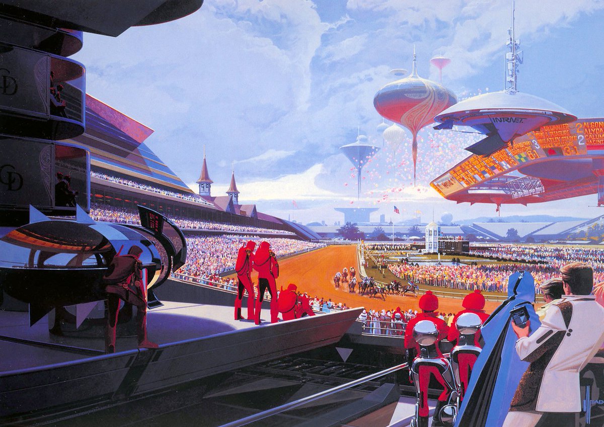 HumanoidHistory's tweet photo. The #KentuckyDerby of the future, illustrated by Syd Mead. https://t.co/dJQQDOXTnp