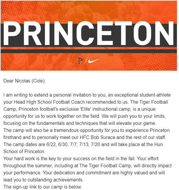 I am looking forward to the May 5th Virtual Junior Day for @PrincetonFTBL and @CoachBobSurace. Huge thanks to @andrew_bertz for the invite. I look forward to learning about the next steps in the Princeton way! #JUICE🍊🥤 I would also like to thank @SVerbit for the camp…