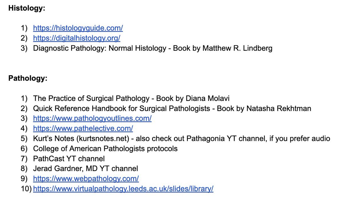 Hello, friends! I want to share resources that I used during my pathology observerships. I think it could be helpful for those who do not know where to start (it was me!) and want to get a basic understanding. Please share your resources as well! @MatchToPath @PathElective