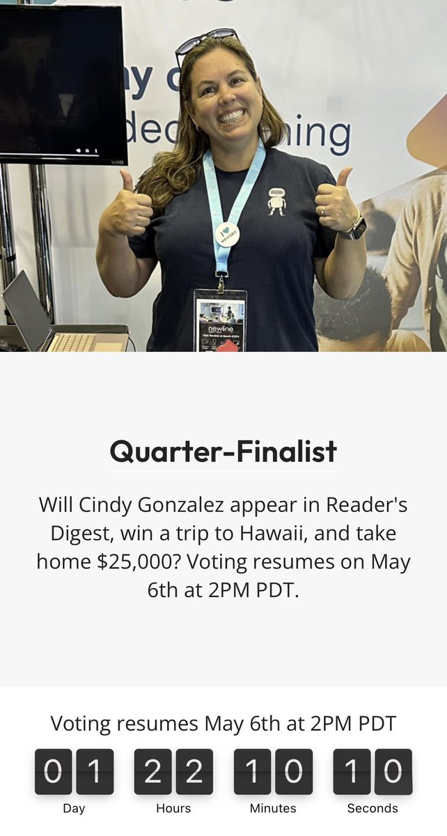 Thanks to your amazing support, I've made it to the next round -the quarterfinals! 🎉 I'm truly honored & humbled to have surpassed 100 incredible teachers. Let's keep the momentum going into the next round, which starts on Monday! #AmericasFavoriteTeacher @GulliverPrep_