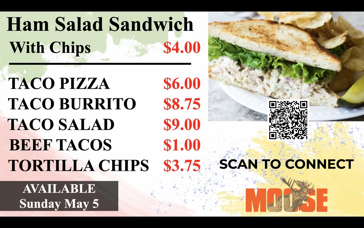 Tomorrow's mouth-watering food specials! 🌮🇲🇽
1️⃣ Ham Salad Sandwich with Chips - $4
2️⃣ Taco Pizza - $6
3️⃣ Taco Burrito - $8.75
4️⃣ Taco Salad - $9
5️⃣ Beef Tacos - $1 each
6️⃣ Tortilla Chips - $3.75
#CincoDeMayo #MooseLodge720 #FoodSpecials