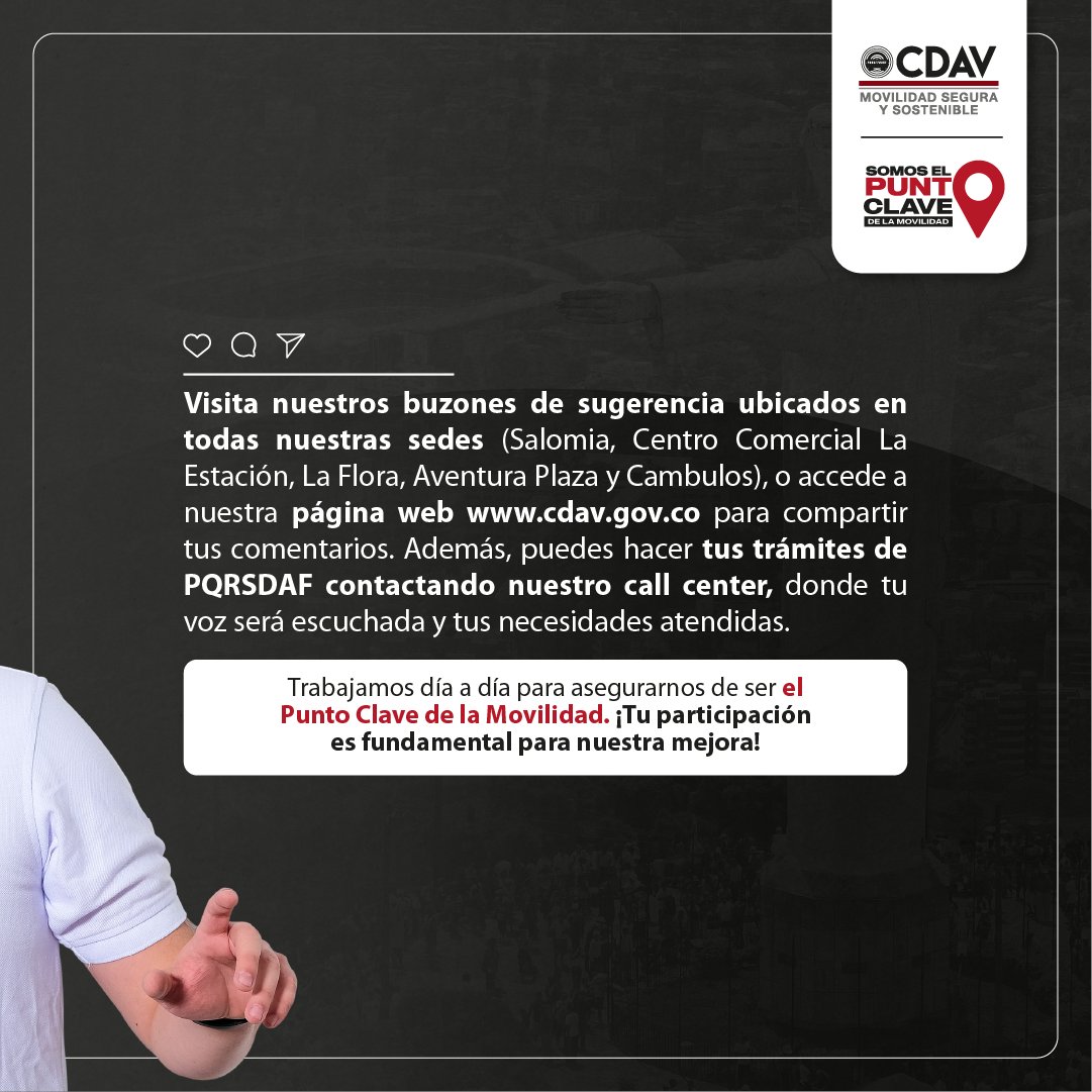 CDAVCali's tweet image. ⚠️🙌¡Queremos conocer tu opinión! Hemos habilitado canales para que puedas enviar tus PQRSDAF y compartir tus comentarios y continuar brindándote una atención y servicio cada vez mejores, por eso te invitamos a participar.
¡Juntos podemos seguir mejorando! 🚘👌