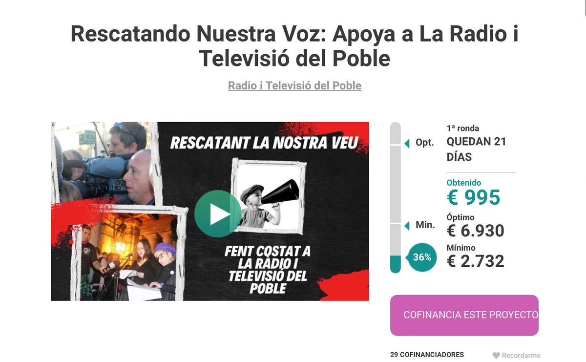 #XplicaEnfangados

@AfraBlanco, recomienda apoyar a @RTVP_POBLE. Un medio solidario que apenas necesita dinero para seguir mostrando la precariedad laboral, la realidad de las residencias de mayores…

🔁 RT
➡️ PARTICIPA: goteo.cc/nuestravoz