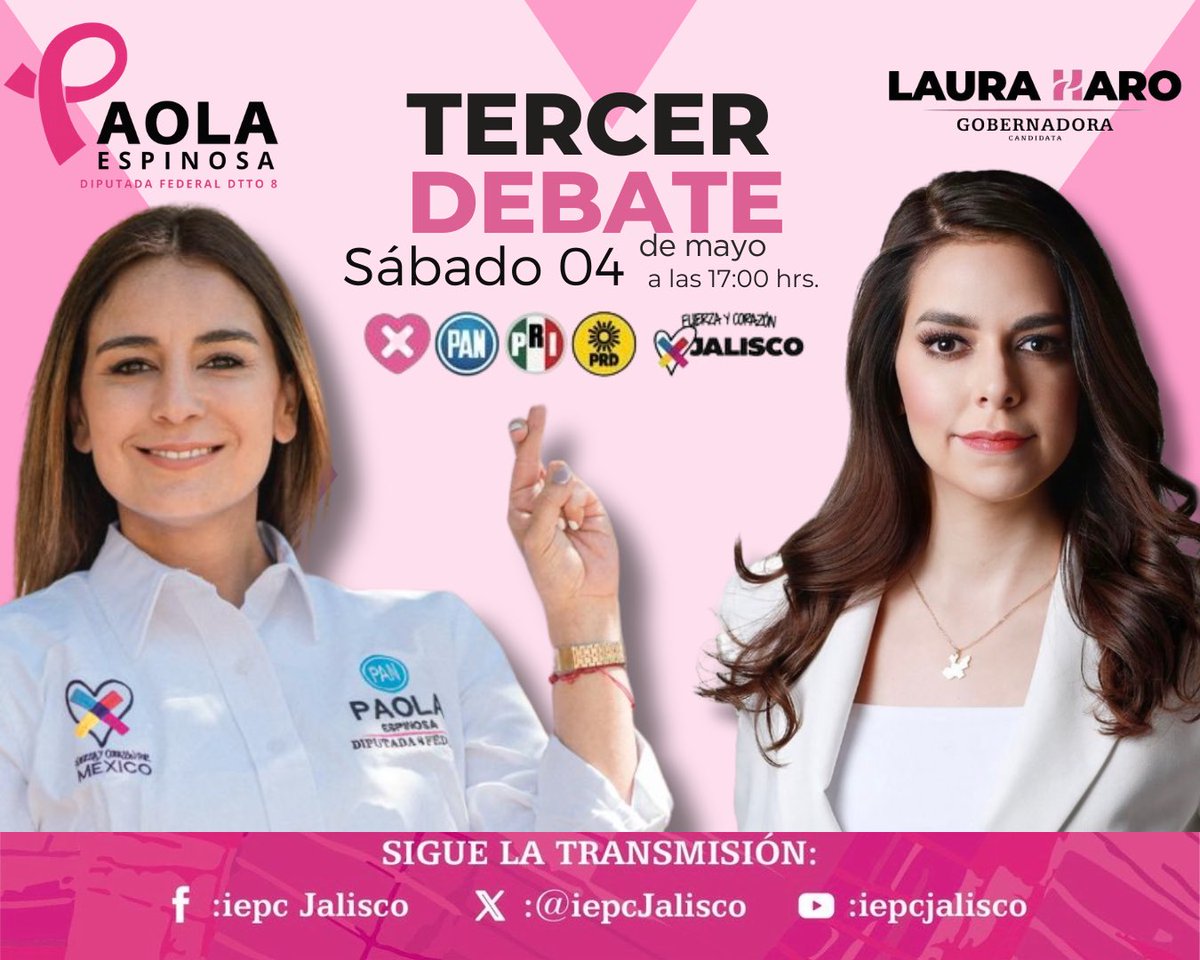 Apoyemos todos esta tarde a @LauHaro en el Tercer Debate por la Gobernatura de Jalisco, quien volverá a demostrar porque es la mejor opción para nuestro estado.🩷🤞🏻

En punto de las 5:00 pm ⏰

#PorUnJaliscoSeguro
#LauraGobernadora
#MxSinMiedo
#PaolaDiputadaDTTO8