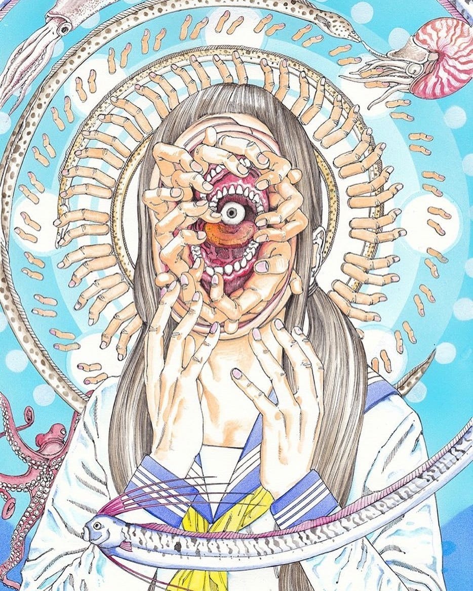 💀'He who fights with monsters might take care lest he thereby become a monster. And if you gaze for long into an abyss, the abyss gazes also into you.'🎨Art: Shintaro Kago💀#FriedrichNietzsche #Abyss #Lovecraftian #HorrorArt #Horror