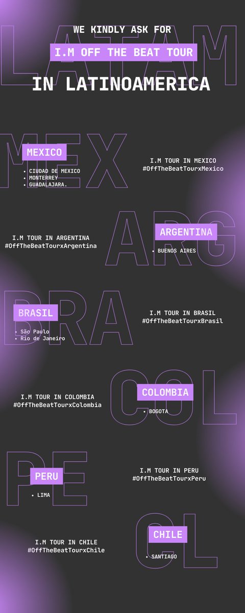 💜 OFF THE BEAT TOUR IN LATIN AMERICA 💜
Monbebe! Les compartimos las frases y Ht's a usar segun el país. 💜
👉 Iniciamos en una hora, por favor participen y compartan. 💜
@IMxSMEK @SonyMusic_Kpop