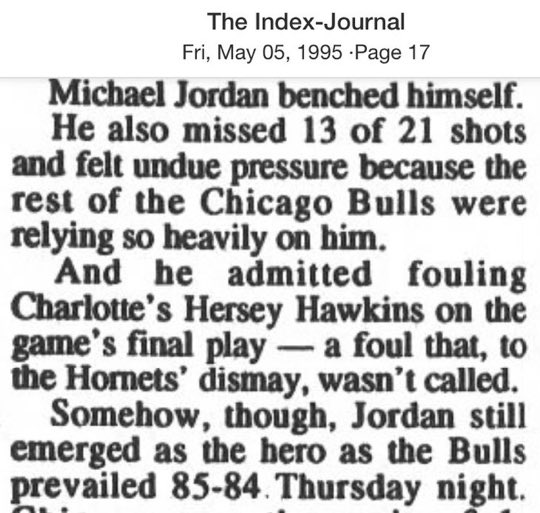 Highlighting another item buried in today’s #OTD. Jordan admitted he TOOK HIMSELF OUT OF A PLAYOFF GAME because there was too much “pressure” on him from teammates. MJ literally SAID he couldn’t handle the pressure. This is your GOAT?!? 🤦‍♂️