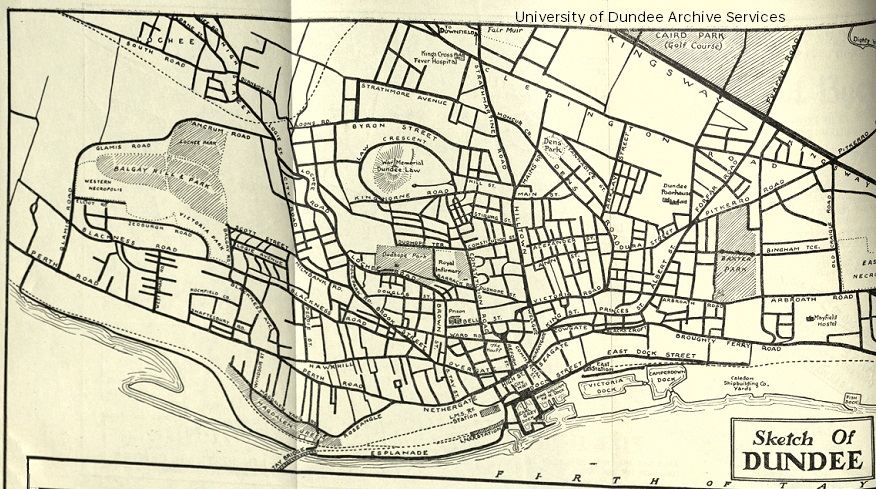 #MapMonday This 'Sketch of #Dundee' was another that appeared in the c 1934 Official Guide. Interesting what is included and what is not - eg Dens Park, but not Tannadice and no University College! #Archives #DundeeUniCulture
