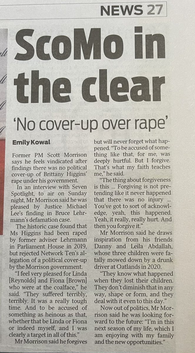 This piece in today’s Herald-Sun is yet more proof Murdoch and Stokes are colluding with each other to destroy women. Because Rupert’s paper is openly promoting Stokes’s Spotlight interview with Scott Morrison tonight. And because both men are now re-writing history by openly