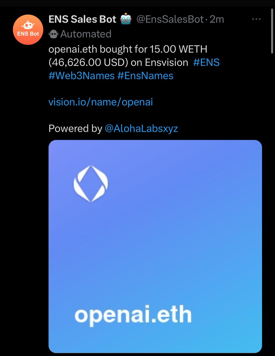 Love to see it!

Further confirms my thesis. 

I remember researching future tech trends in late 21 early 22. Nearly a year before the launch of ChatGPT.

I’m glad I acted on my research. I was able to register some absolute bangers. 

Opensourceai.eth
Strongai.eth
Codeai.eth
