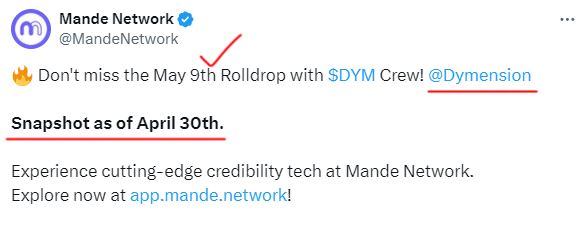 One more Airdrop for $DYM Stakers 🪂 Mande Network @MandeNetwork 📸 Snapshot taken on April 30th The airdrop will take place on May 9th.