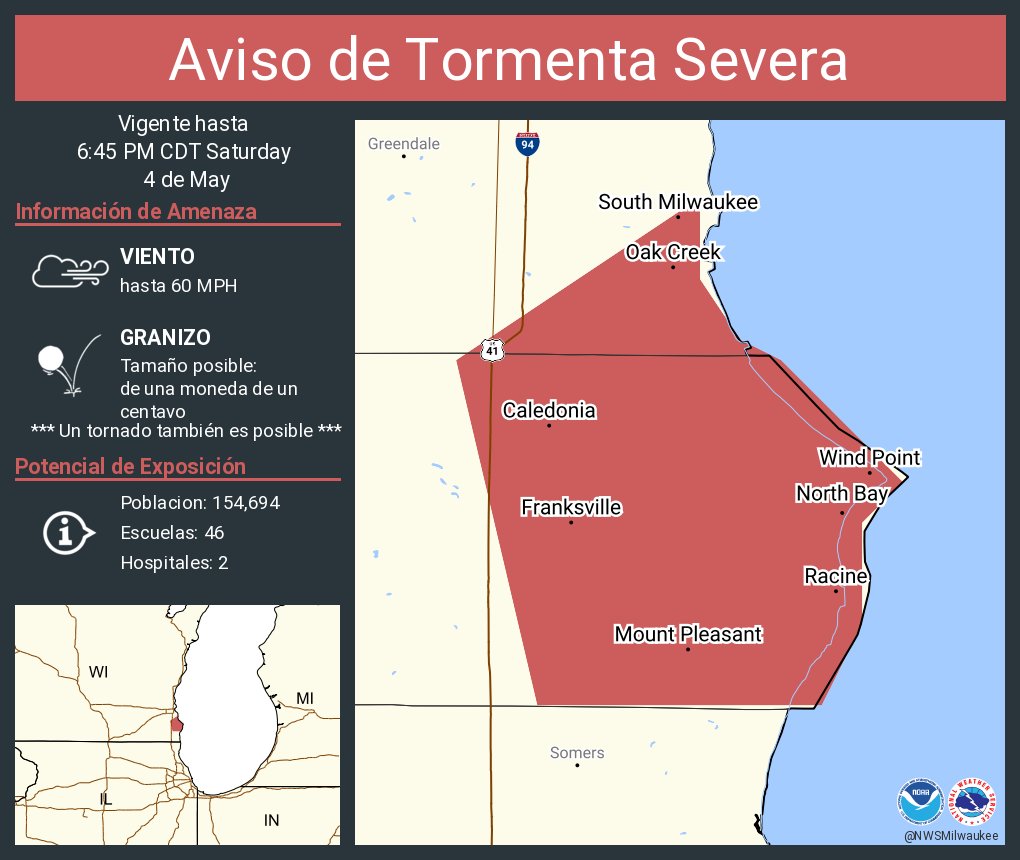 Aviso de Tormenta Severa incluye Racine WI, Oak Creek WI, Mount Pleasant WI hasta las 6:45 PM CDT