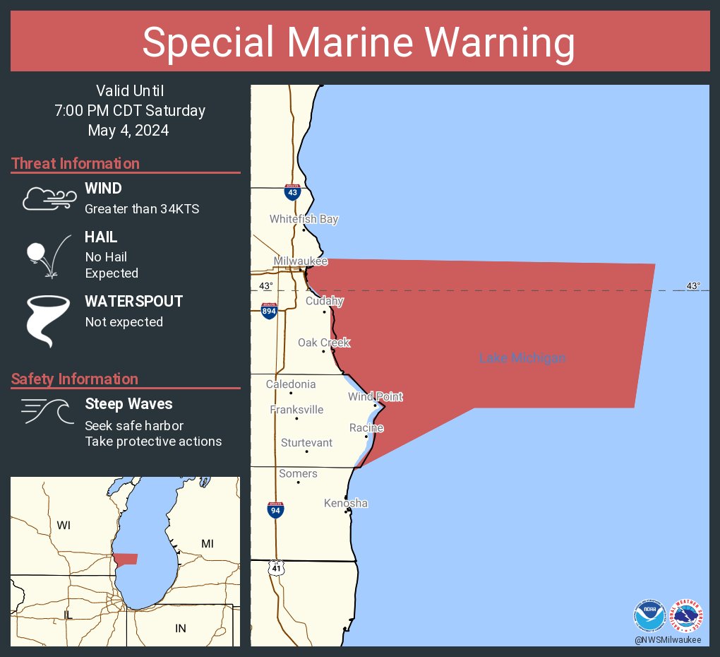Special Marine Warning including the Lake Michigan from Port Washington to North Point Light WI 5NM offshore to Mid Lake, Lake Michigan from Wind Point WI to Winthrop Harbor IL 5NM offshore to Mid Lake and Port Washington to North Point Light WI until 7:00 PM CDT