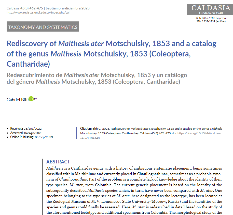 ColeopCol's tweet photo. #NuevaPublicación
Rediscovery of Malthesis ater Motschulsky, 1853 and a catalog of the genus Malthesis Motschulsky, 1853 (Coleoptera, #Cantharidae). Biffi, G.     
https://t.co/pQTpxYnFAH
#ColeopteraDeColombia 
#ColeopterólogosDeColombia https://t.co/KdtOjddGwg