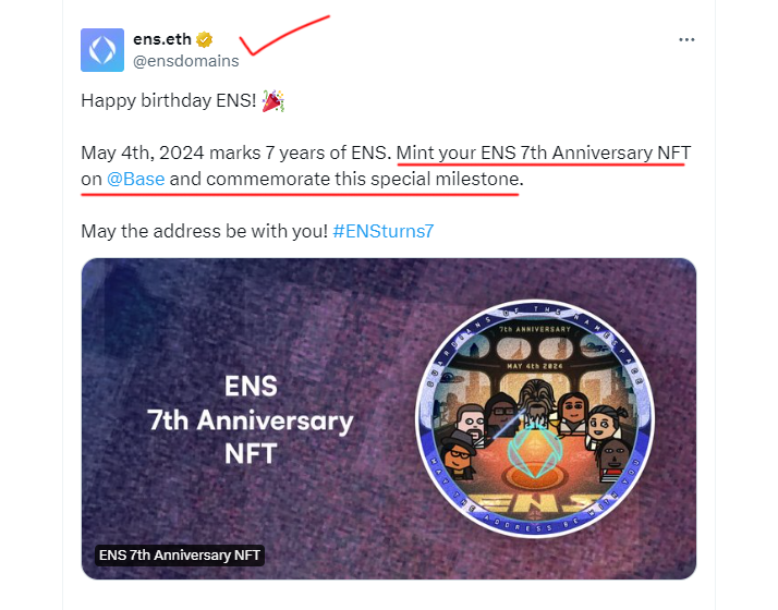Mint the Exclusive ENS 7th Anniversary NFT on Zora 🔥 Mint on Zora: zora.co/collect/base:0… - Official NFT by ENS Domain - Mint using Base chain Minting window CLOSING SOON! Only 1 day and 15 hours left!