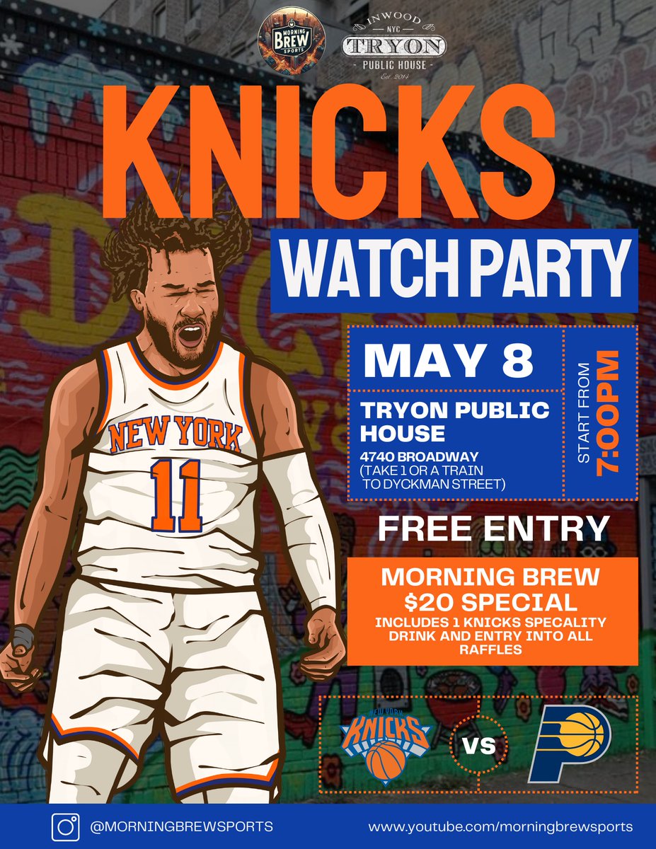 KNICKS FANS! Knicks Morning Brew Game 2 Watch Party! Please Support, Attend, and Repost! Raffle Items announced tomorrow and Monday. Still a few vendor openings if you are interested!!!!!! Drinks announced tommorrow!