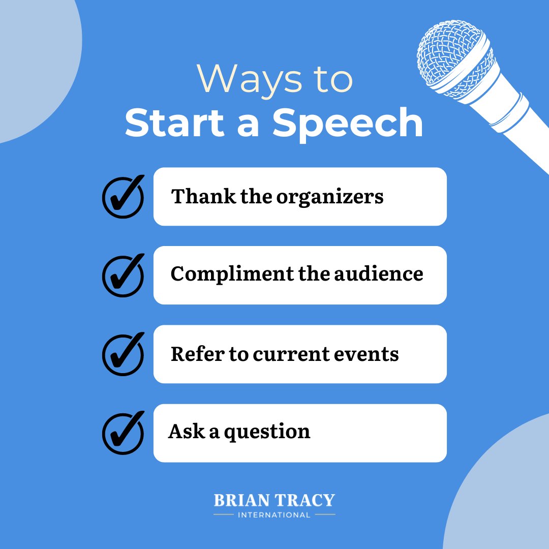 I'm excited to share my latest blog: 'The Best Ways To Start A Speech To Capture Your Audience'. 🎤 This guide is packed with powerful techniques to grab your audience's attention from the very beginning: bit.ly/3xSRzQU #briantracy #speech #publicspeakingtips