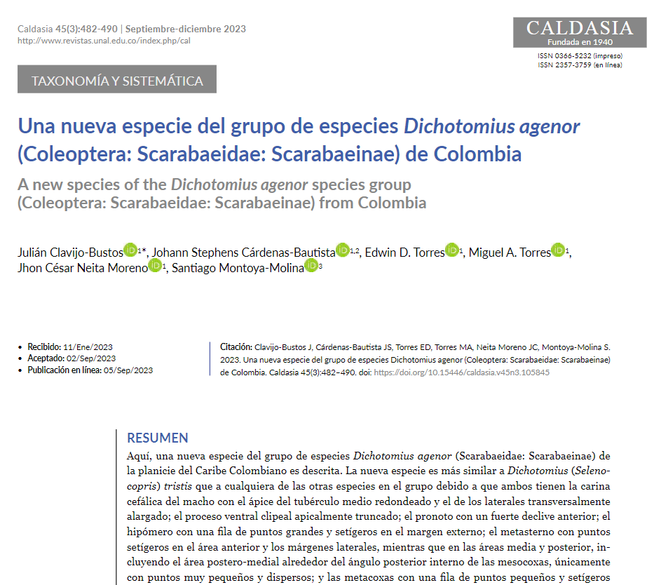 ColeopCol's tweet photo. #NuevaPublicación
Una nueva especie del grupo de especies Dichotomius agenor(Coleoptera: #Scarabaeidae: Scarabaeinae) de Colombia. Clavijo-Bustos et al.
https://t.co/QKP02Ne9Op
#ColeopteraDeColombia 
#ColeopterólogosDeColombia https://t.co/zYBUkn69Vw
