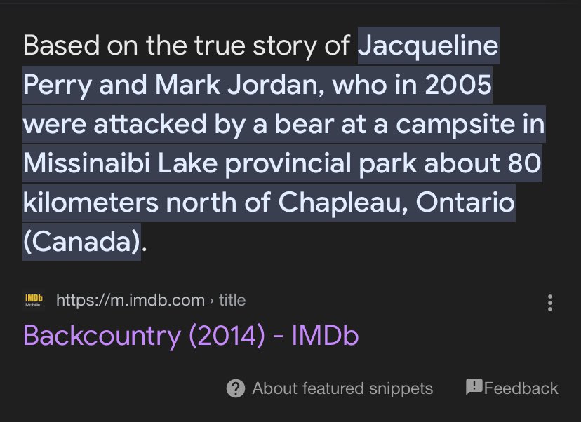 @MamaTea_ They never saw backcountry, where the bear tracked a couple off the blood from cut on her foot. In the true story..it was the woman that was eaten alive by the bear (doesn’t make as good of a movie if she dies first tho)