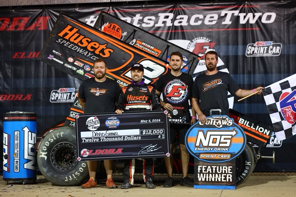 One win away from history for @BigGameMotorspt. @DavidGravel’s victory tonight is the 99th with the World of Outlaws @NosEnergyDrink Sprint Cars for @QuiringTod’s team!