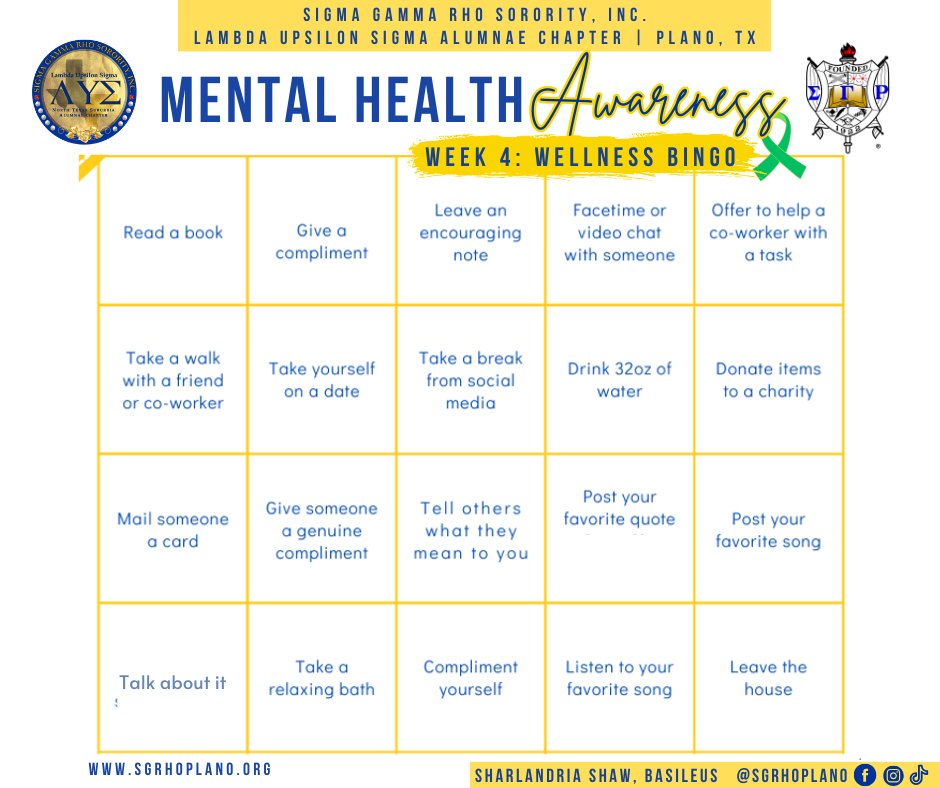 Week 4: We’re ending Mental Health Awareness Month with Wellness BINGO. Choose activities from the BINGO card. 
There’s something for you. Let’s continue prioritizing our well-being beyond this month. #sgrhoplano #mentalhealthawareness