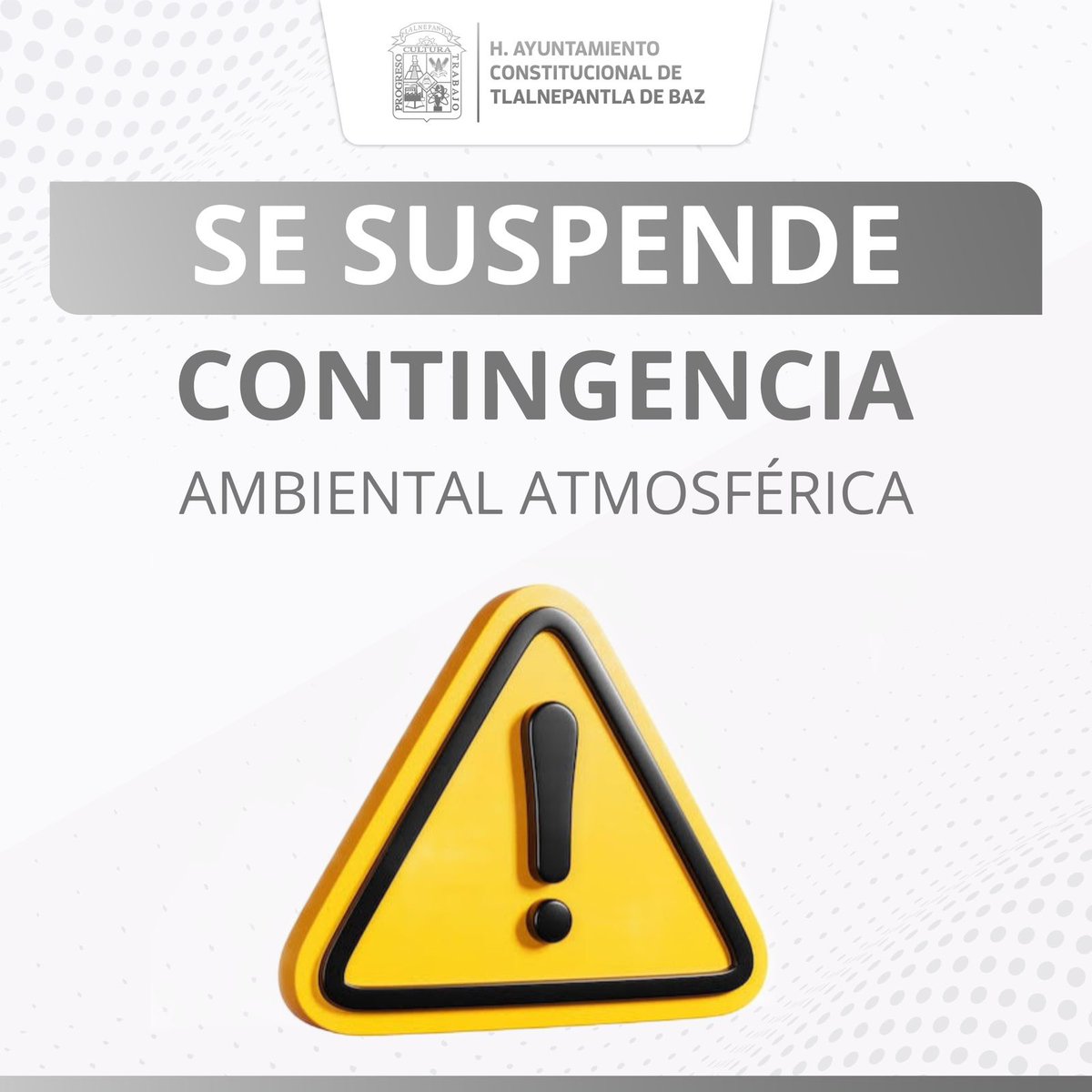 #AvisoImportante La @CAMegalopolis informa que debido a que han mejorado las condiciones atmosféricas, se suspende la #ContingenciaAmbiental, con lo que también se levanta el doble #HoyNoCircula.