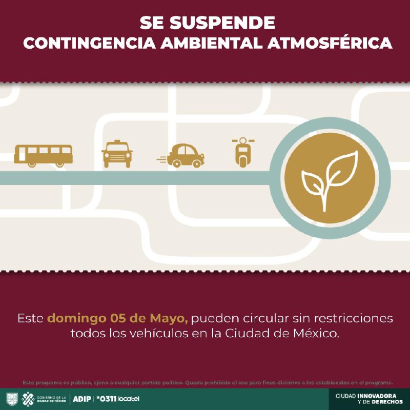 🚨⚠AVISO IMPORTANTE⚠🚨 A partir de las 17:00 h de este sábado 04 de mayo del 2024, se suspende la Fase I de #ContingenciaAmbiental atmosférica por ozono en la #CDMX. ▶️Consulta todos los detalles en: gob.mx/comisionambien… #AnteLaDudaLocatel #HoyNoCircula