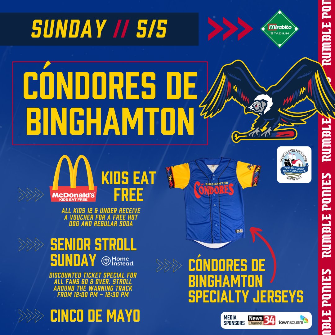 Celebrate Cinco de Mayo with us on Sunday, May 5th as the Rumble Ponies transform into the Cóndores de Binghamton! Don't miss this celebration, part of MiLB's #CopadelaDiversión Hispanic fan engagement initiative.

🎟️ loom.ly/ZtUGS9A