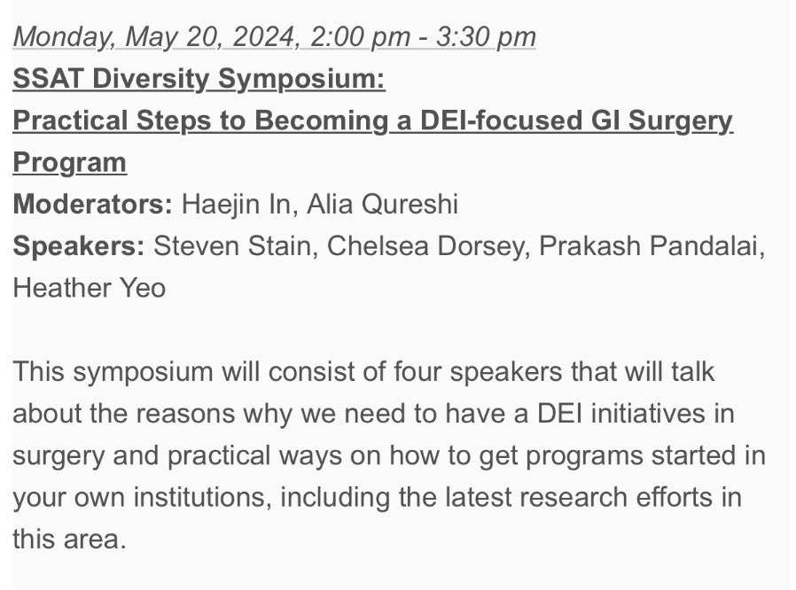 Another one of our new symposia is our @SSATNews Diversity Symposium. Want to learn how to be intentional (and practical) about setting up a DEI-focused GI Surgery Program? Come join @HInMD, @AliaQureshiMD, @steven_stain, @MdDorsey, @DrPandalai & @heatheryeomd to find out!
