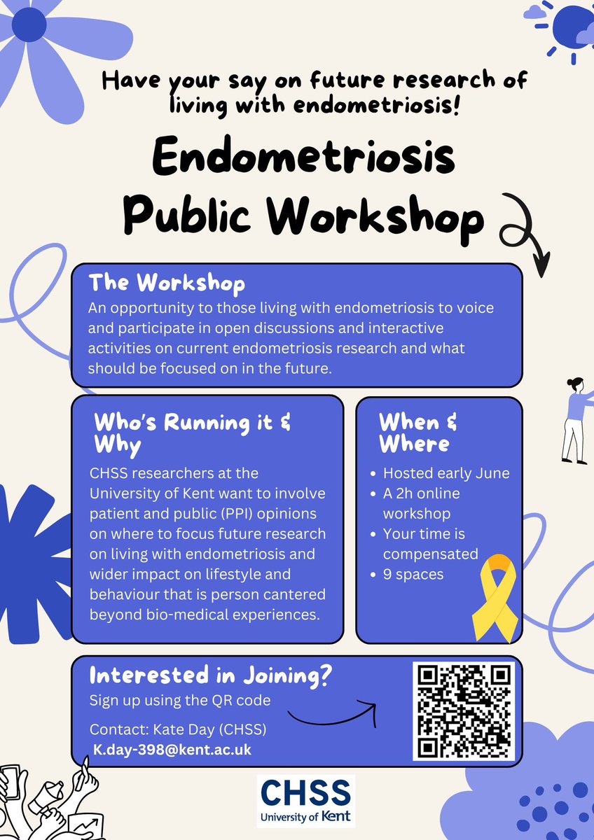 Excited to deliver this 2h #PPI #Endometriosis June workshop Inviting those living with endometriosis to join CHSS researchers & have their say on future psycho-social endo #research direction With 9 spaces express interest here universityofkent.qualtrics.com/jfe/form/SV_bv… Or k.day-398@kent.ac.uk