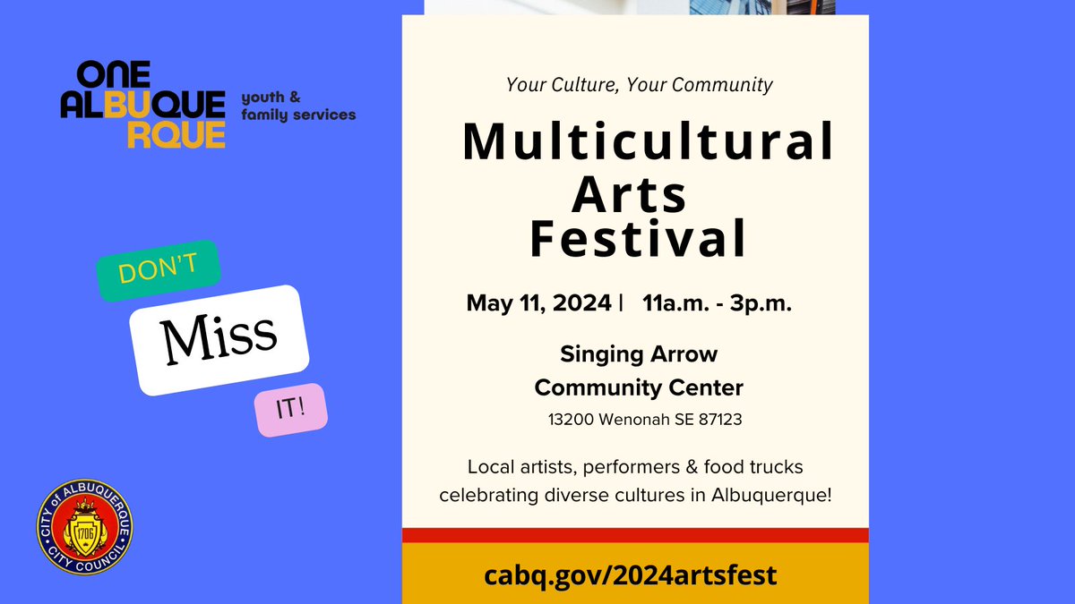 To any local ABQ folks or those visiting, stop by the 2024 Multicultural Arts Festival in ABQ!!!

Next Sat, May 11th at 11 am

Location: Singing Arrow Community Ctr

#NewMexicoAuthor
#RepresentationMatters