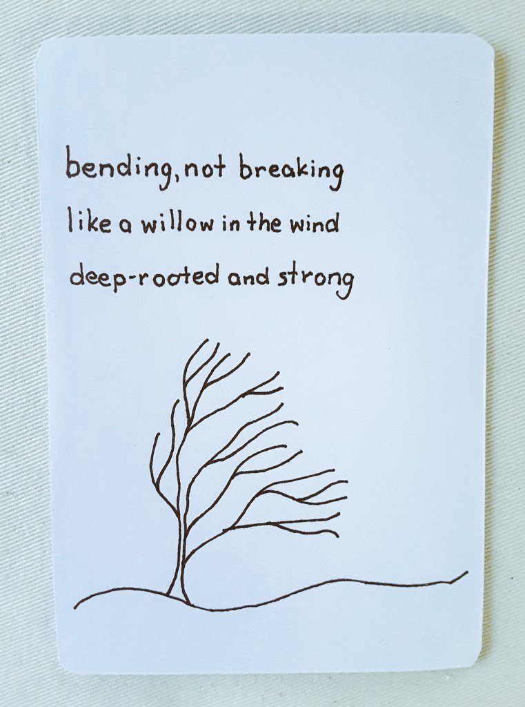 bending, not breaking
like a willow in the wind
deep-rooted and strong
.
I need to keep saying this as it looks like there's something else to add to the MS/dystonia/scoliosis/OA mix. 😞
Altered card 7:38. 3♥️ Haiku/senryu deck.
#haiku #senryu #poem #alteredcards #writing