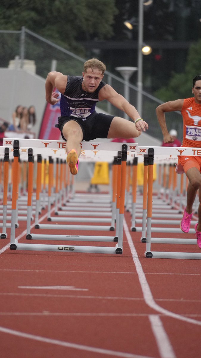 Mason Dossett with a first place finish (13.44 seconds) in the 110M hurdles