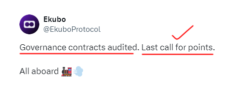 Ekubo Airdrop is Coming Soon! And You can Still Qualify 🪂 Ekubo successfully completed their governance contract audit. Next is airdrop! 'Last call for points'- Meaning you can still use it and qualify for the airdrop. 🔍 What to do? 1. Go to Ekubo: app.ekubo.org/?referrer=0x15……