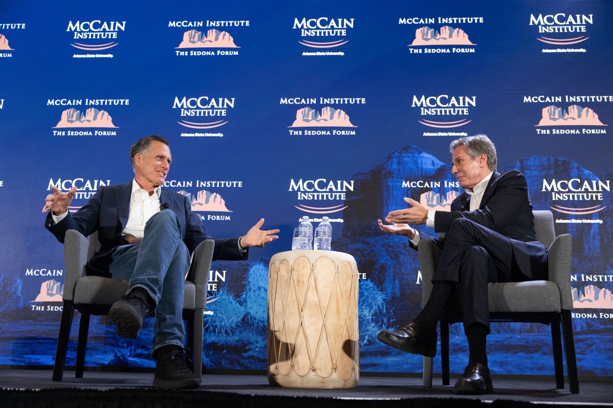 Great to join @SenatorRomney at the @McCainInstitute’s Sedona Forum to talk about the importance of U.S. leadership in the world. Our commitment to an engaged America is more important than ever as we address challenges in the Middle East, Ukraine, with China and beyond.