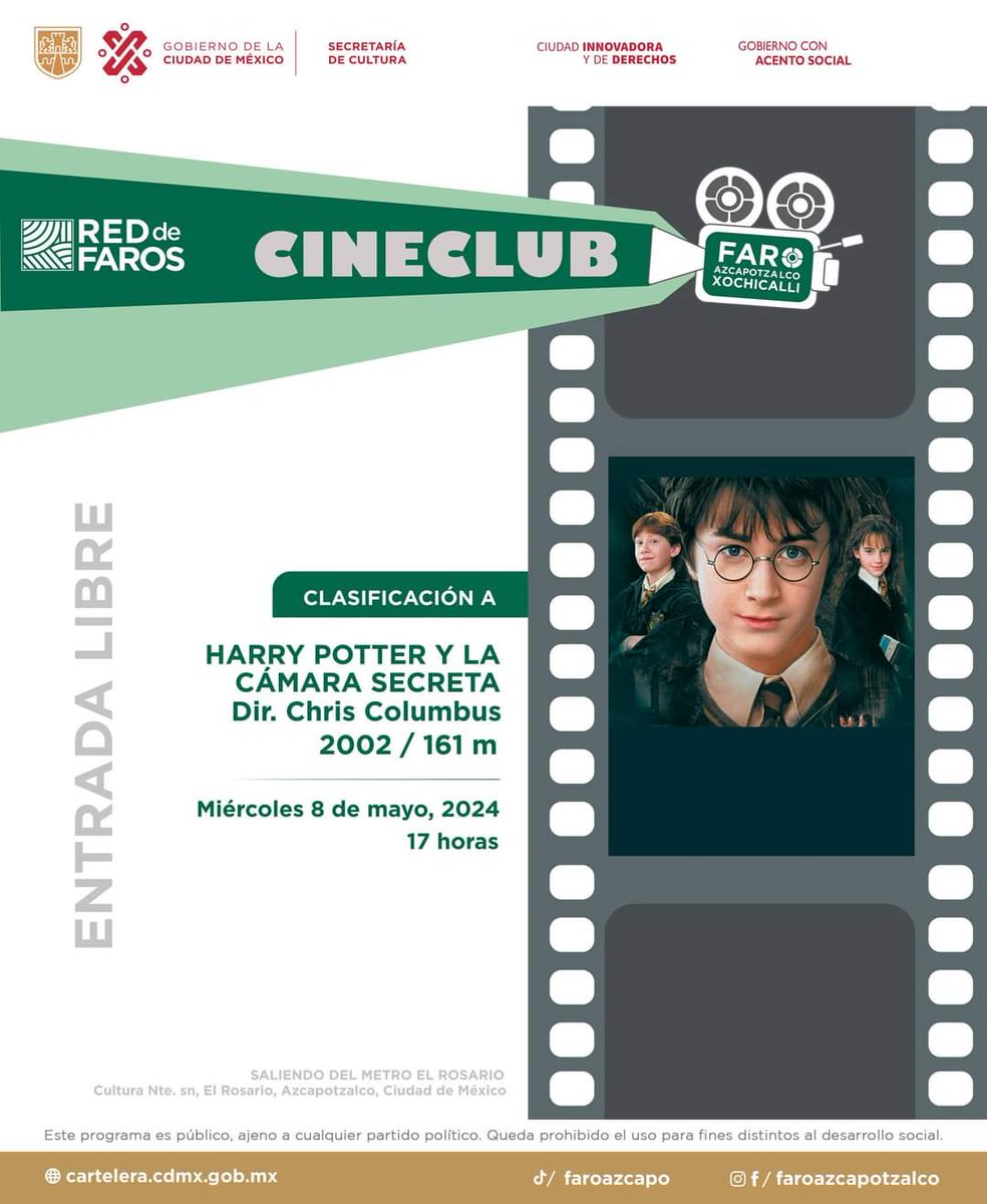 🎬CINE CLUB XOCHICALLI🎬 . FARO Azcapotzalco Xochicalli presenta la segunda parte de las aventuras de Harry Potter, el aprendiz de mago . Recuerda asistir con tu disfraz y palomitas. . FARO Azcapotzalco Xochicalli #CineClub #cineclub #CineLibre #cinelibre #PROCINE