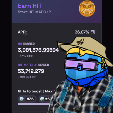 🥂 My $HIT LP is earning me ~$10/week in @HITCOINPOLY ! 🥩 Also, my staked @BansheesNFT_ boost my rewards on @BoredCandyCity DEX! 👨‍🌾 If you're looking to farm, here's the CA: 0x5033C6960001809F5F93db9b4d5F9bCbfF76b524 🖼 If you're an NFT project with a token, set it up too!