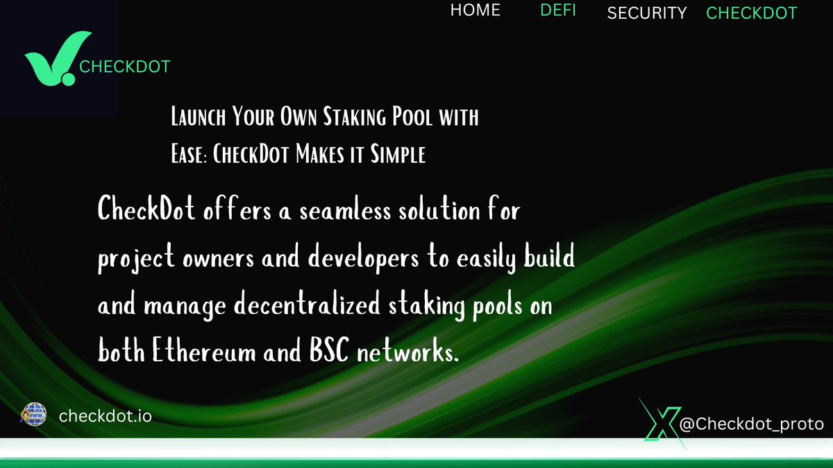 No Coding Required: Create & Manage Staking Pools on Ethereum & BSC with @Checkdot_proto

Effortless Staking Pool Creation for Projects on Ethereum & BSC

Empower your project with CheckDot's intuitive staking pool creation tool. No coding required!

@Checkdot_proto offers a…