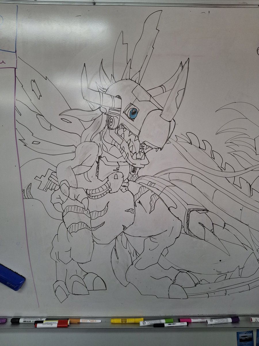 Latest and greatest addition to my board! It's filling up quick! 😍 #Digimon #greymon #wargreymon #metalgreymon #awesome #big #drawing #artoftheday #art #artist #teacherdrawing #teacher #whiteboard #collage #gamermerch #twitchstreamer #twitch #gamerlife #gamerswholift #gamer