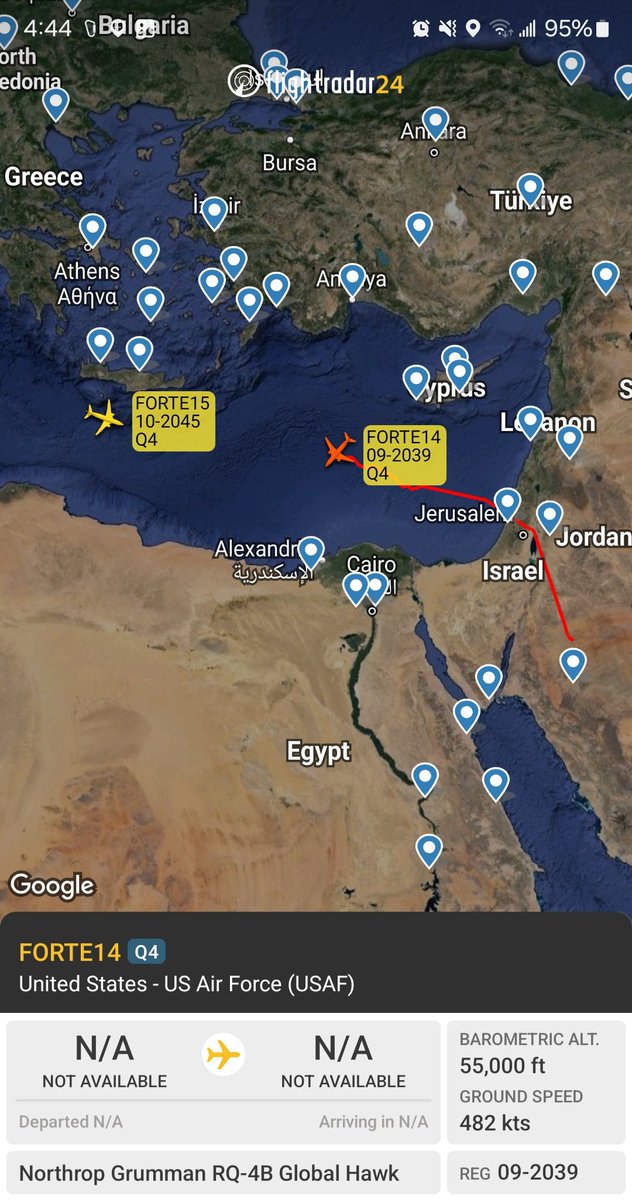Changing of the guard:

As one USAF RQ-4B Global Hawk returns from a Red Sea mission, a second is heading out to replace it.

09-2039 #AE541A as FORTE14 
10-2045 #AE5420 as FORTE15