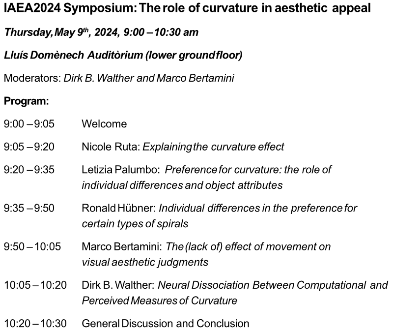 Dirk Bernhardt-Walther is on Bluesky (@dirkbwalther) on Twitter photo What is the role of curvature in aesthetic appeal? A star-studded symposium at #IAEA2024 explores this question in detail Find us at <a href="/IAEAPalma2024/">IAEA Palma 2024</a> on Thursday, May 9th, at 9 am, bright and early!
<a href="/m_bertamini/">Marco Bertamini🇪🇺</a> <a href="/NicoleRuta_PhD/">NicoleRuta</a> What is the role of curvature in aesthetic appeal? A star-studded symposium at #IAEA2024 explores this question in detail Find us at <a href="/IAEAPalma2024/">IAEA Palma 2024</a> on Thursday, May 9th, at 9 am, bright and early!
<a href="/m_bertamini/">Marco Bertamini🇪🇺</a> <a href="/NicoleRuta_PhD/">NicoleRuta</a>
